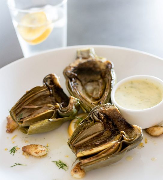 Grilled artichokes with dill aioli