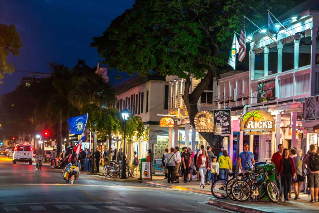 View of Key West's Duval Street at night.